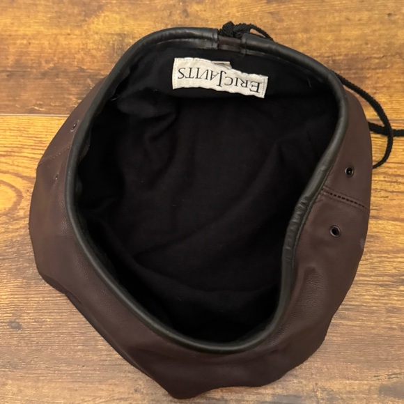 Eric Javits Brown Leather Beret Hat Vintage Drawstring Riding Style L - Picture 8 of 10